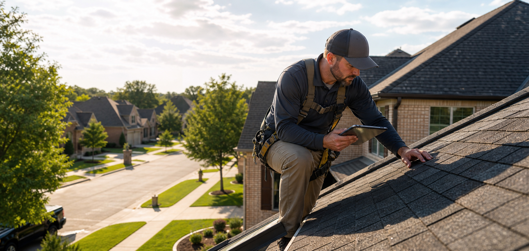 Roof inspector reviewing a Dallas-area roof with a tablet